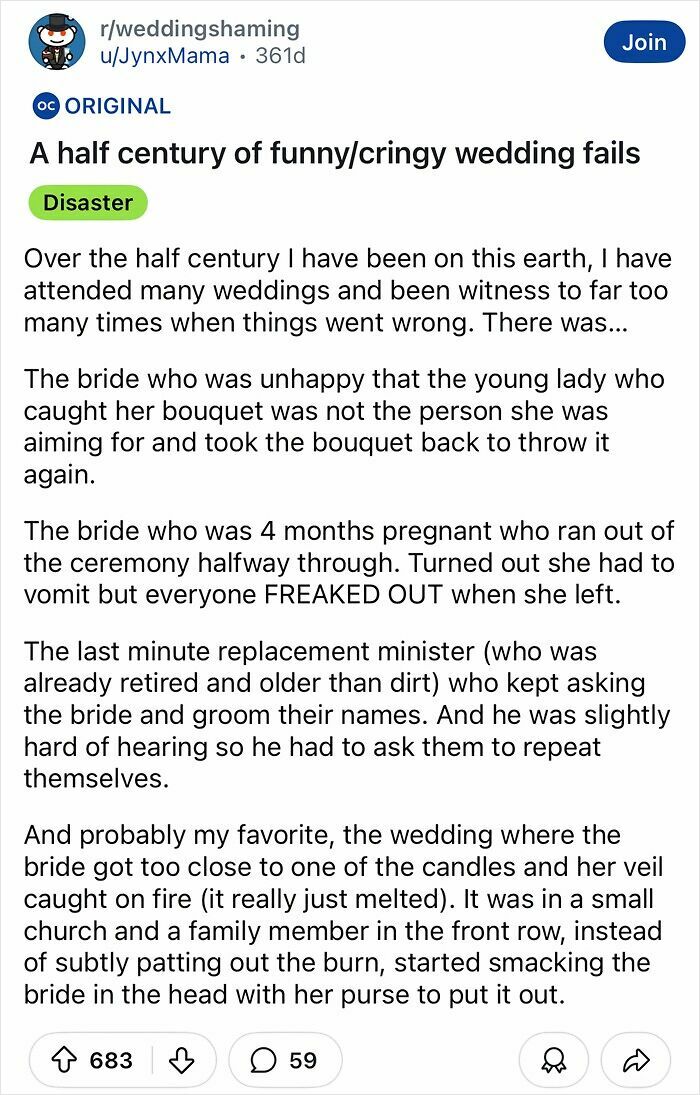 Text from a Reddit post about tacky and chaotic weddings, featuring humorous wedding fails.