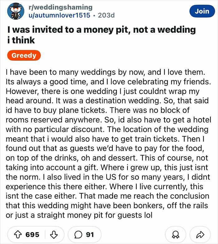 Reddit post discussing a chaotic wedding with high costs for guests, tagged as "Greedy."