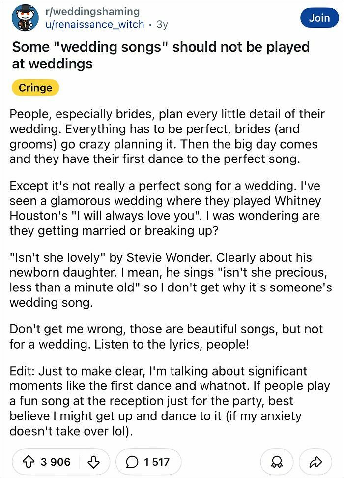 Text post critiquing tacky wedding song choices with humorous commentary.