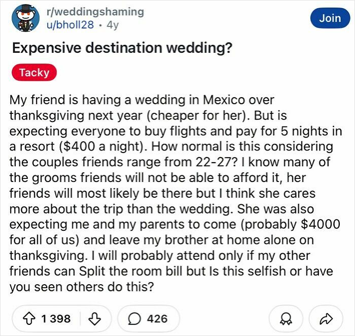 Tacky, chaotic destination wedding plans in Mexico spark debate over cost and etiquette on social media.