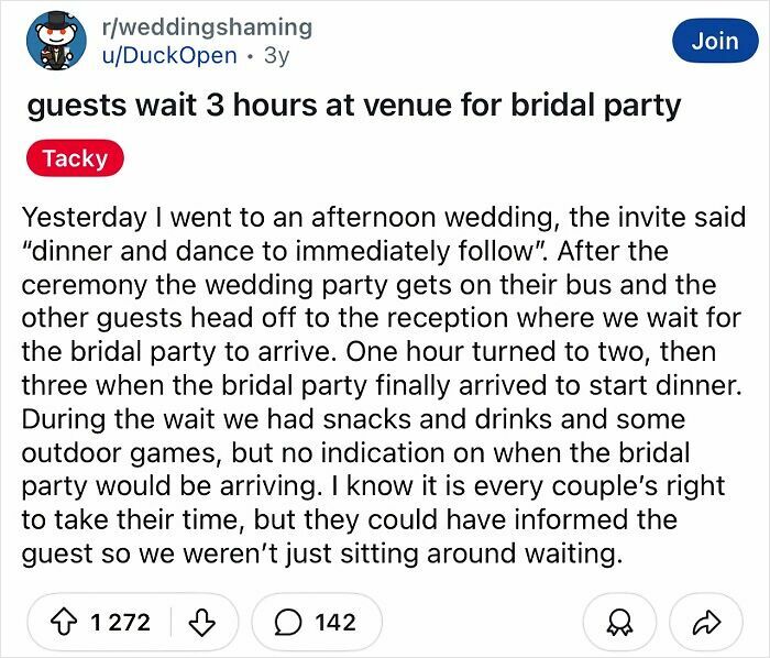 Tacky wedding story of guests waiting 3 hours for bridal party at a venue, shared on social media.
