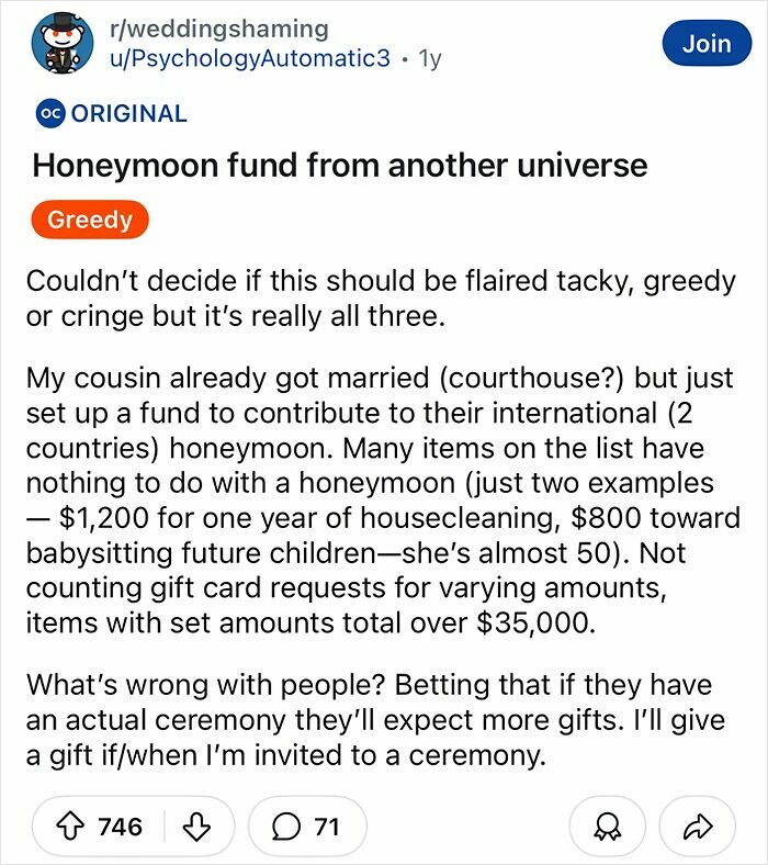 Post about a chaotic wedding fund request for a honeymoon with unrelated gift items and high total amounts.
