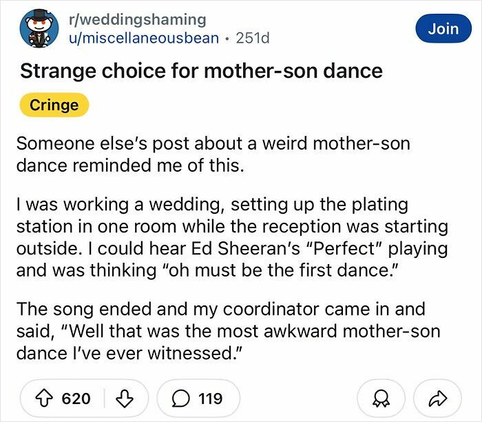 Awkward wedding moment shared on a platform, detailing a cringe-worthy mother-son dance during the reception.