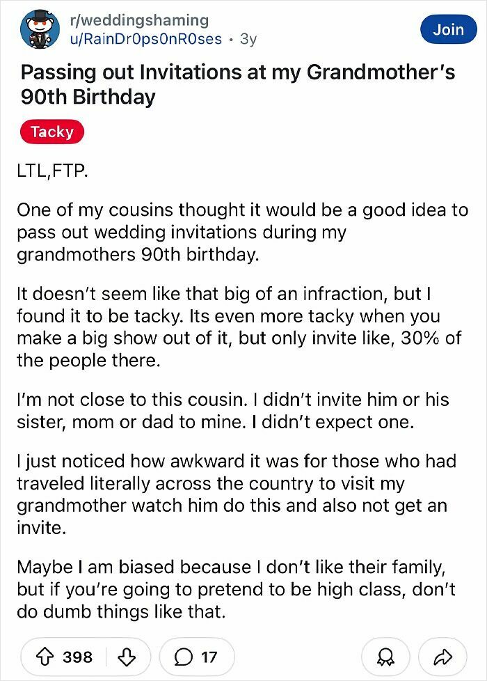A Reddit post discussing a tacky wedding invitation incident at a 90th birthday party.