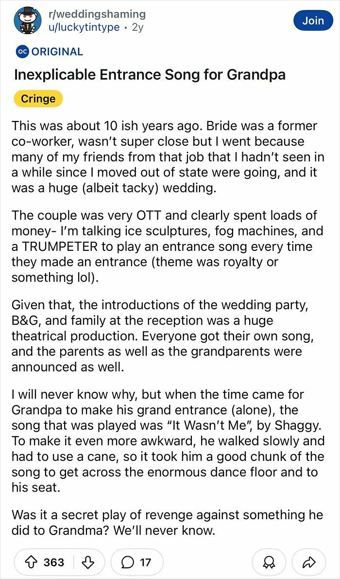 Cringe-worthy wedding entrance with song for grandpa, featuring ice sculptures, fog machines, and a trumpeter theme.