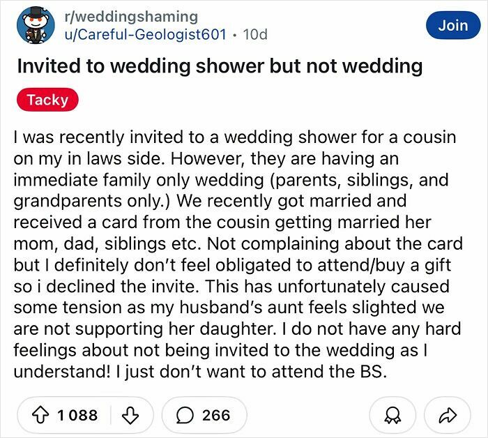 Text exchange titled "Invited to wedding shower but not wedding," discusses tacky wedding invitation etiquette.