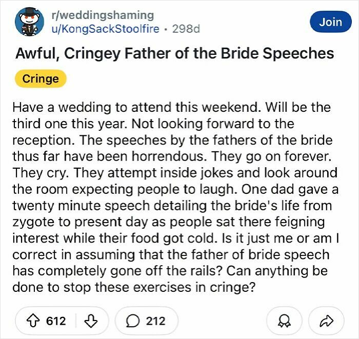 Cringey wedding speech from father of the bride, criticized in Reddit post about tacky receptions.