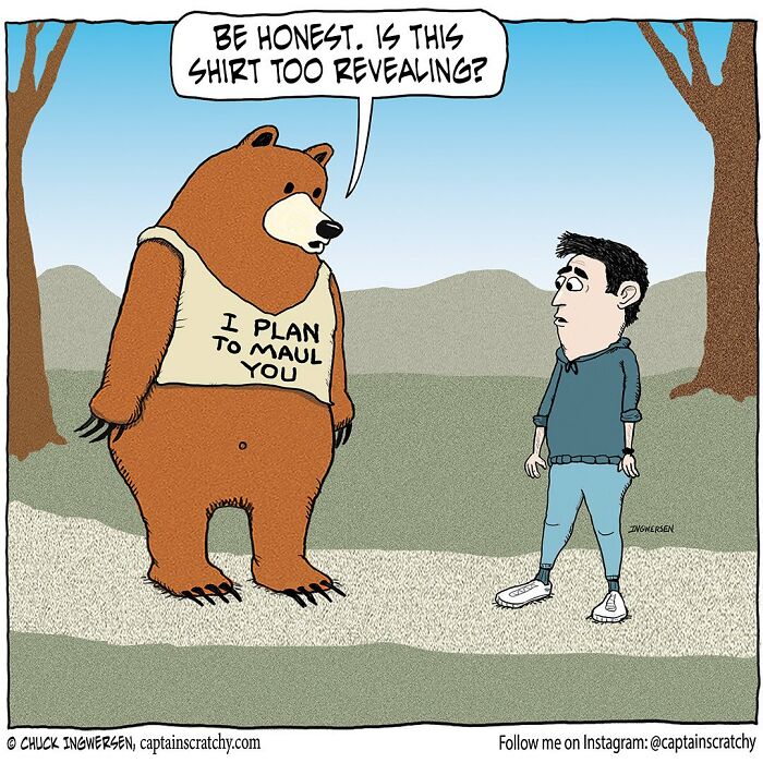Bear wearing a funny shirt talking to a man in a comic by Captain Scratchy featuring animals in humorous situations.