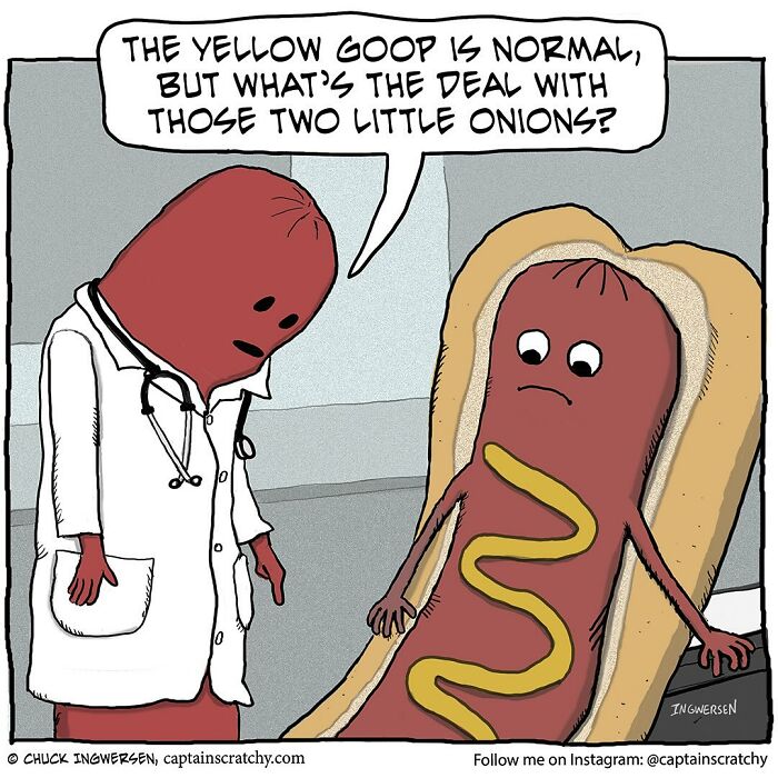 Comic panel by Captain Scratchy featuring a hotdog character and doctor in a funny animal situation with mustard details.