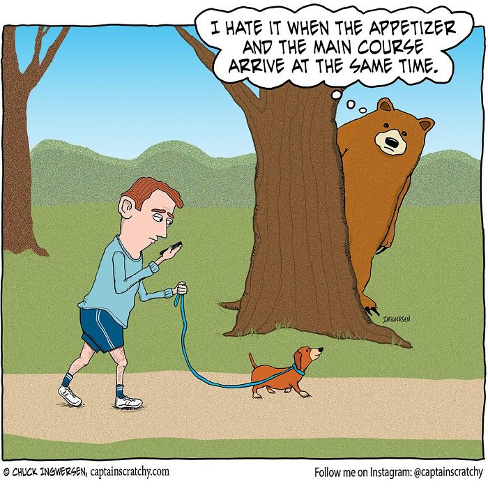 Bear peeks from behind tree watching man walking a dog, comic featuring animals in funny situations by Captain Scratchy.