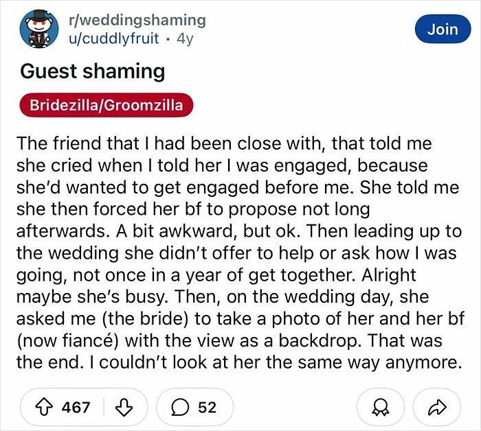 "Text post about a tacky wedding experience, featuring a demanding bride and a chaotic photo request."