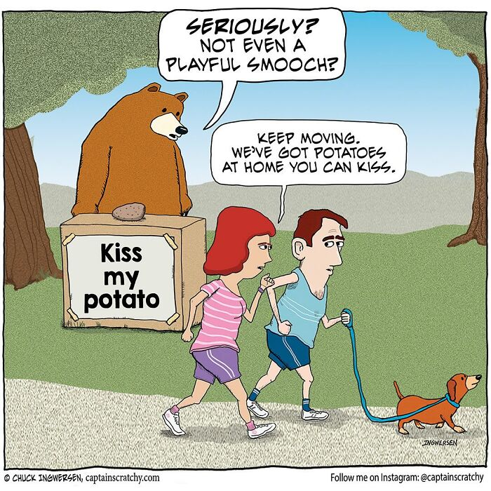 Comic by Captain Scratchy showing a bear with a potato and a couple walking a dog in a funny animal situation.