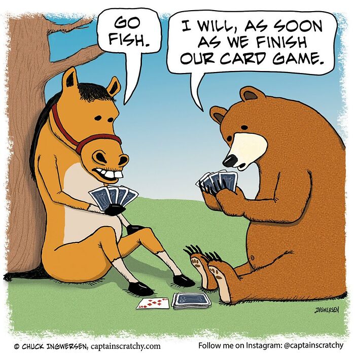 Horse and bear playing cards in a funny animal comic by Captain Scratchy, featuring animals in humorous situations.