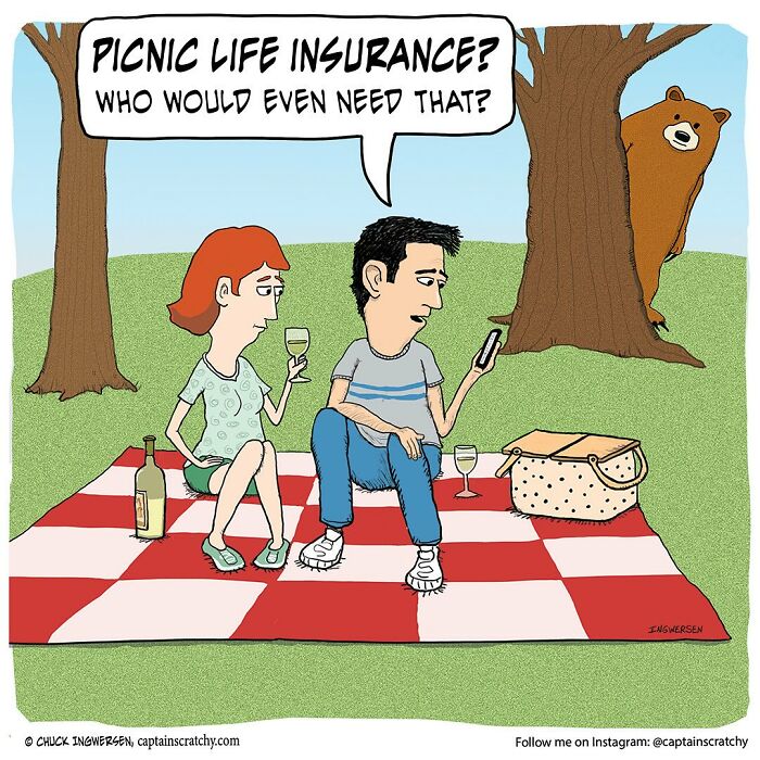 Couple having a picnic talking about life insurance while a bear peeks from behind a tree in a funny animal comic situation.