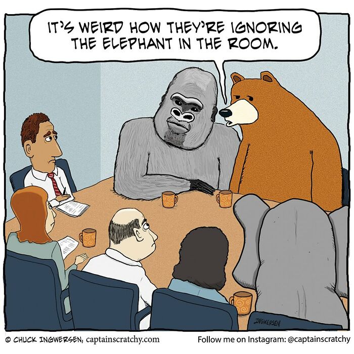 Animals in funny situations at a meeting, featuring a gorilla, bear, and elephant sitting with humans around a table.