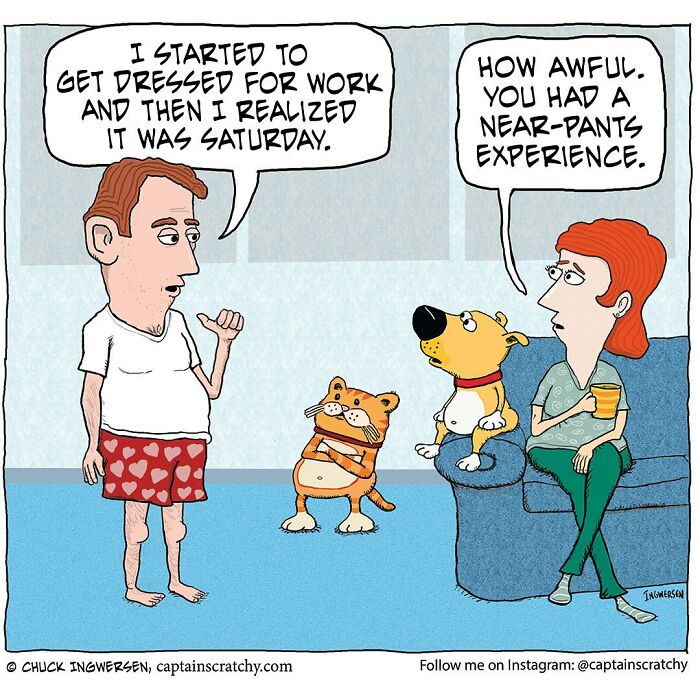 Cartoon of a man, woman, dog, and cat in a living room featuring funny animal situations by Captain Scratchy.