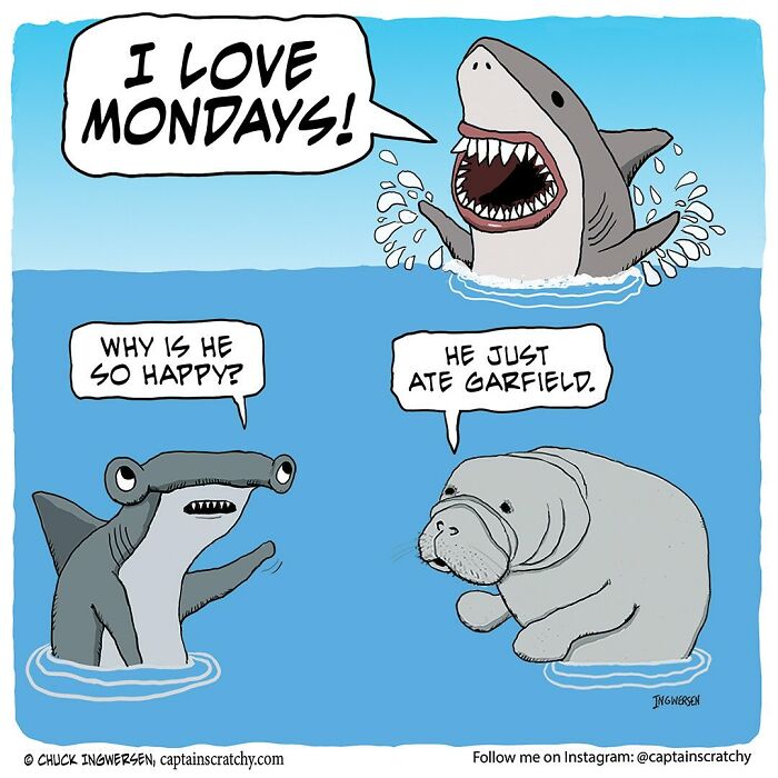 Comic by Captain Scratchy featuring funny animals: a shark happily splashing, a hammerhead shark, and a manatee in water.