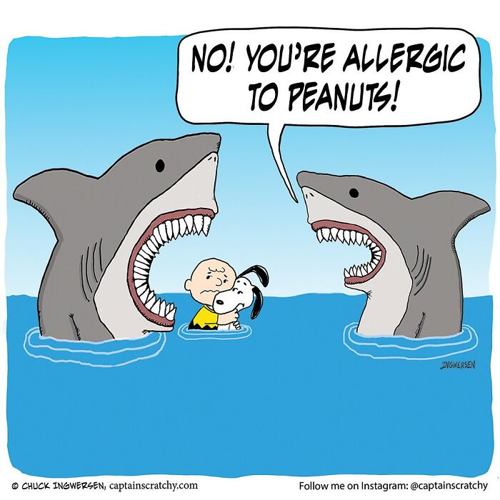 Comic by Captain Scratchy showing animals in funny situations with two sharks and a worried boy holding a dog in water.
