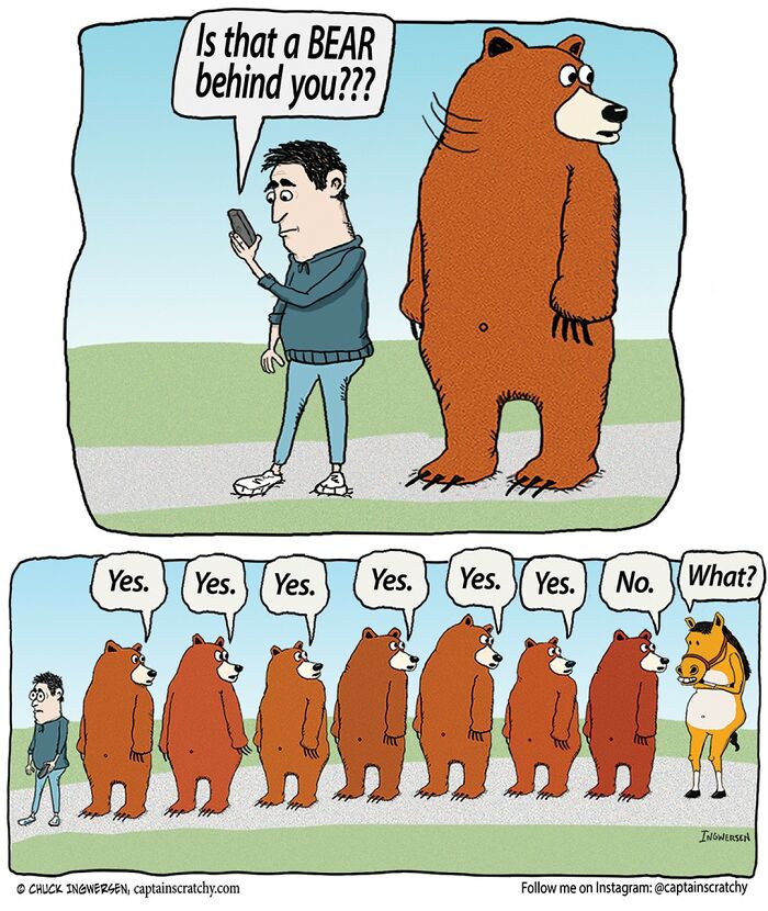 Comic by Captain Scratchy showing a man with multiple bears and a horse in a funny animal situation outdoors.