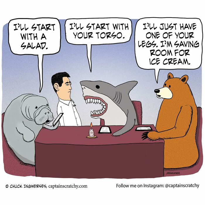 Man sitting at table with a manatee, shark, and bear in a funny animals comic by Captain Scratchy.