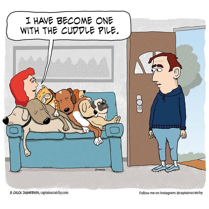Cartoon by Captain Scratchy showing a woman cuddling a pile of dogs with a man standing at the door in a funny animal comic.