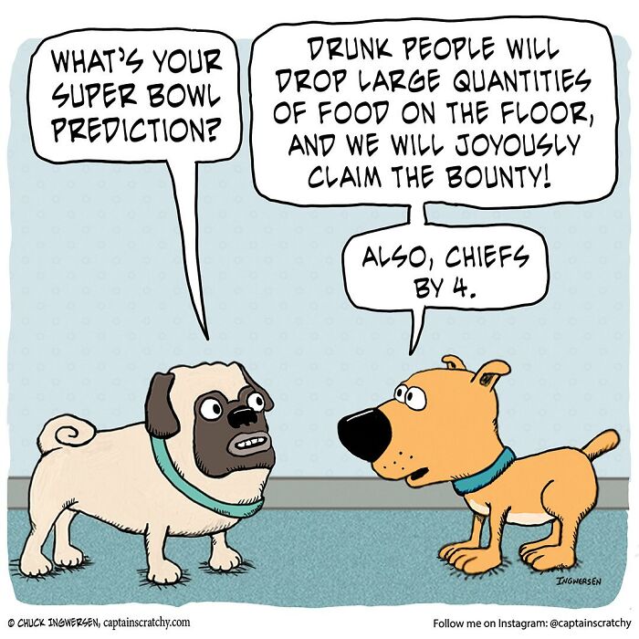 Two dogs humorously predicting Super Bowl food drops in a funny animal comic by Captain Scratchy.