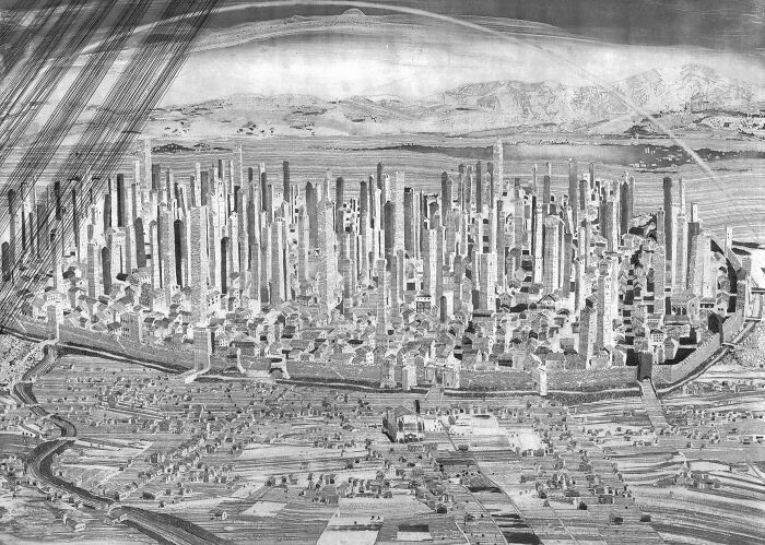 Illustration of a lesser-known architectural wonder showcasing a futuristic cityscape with numerous skyscrapers.