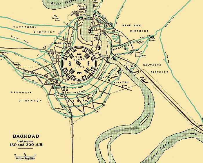 Map of ancient Baghdad, showcasing the architectural wonders of the Round City layout, highlighting its districts and waterways.