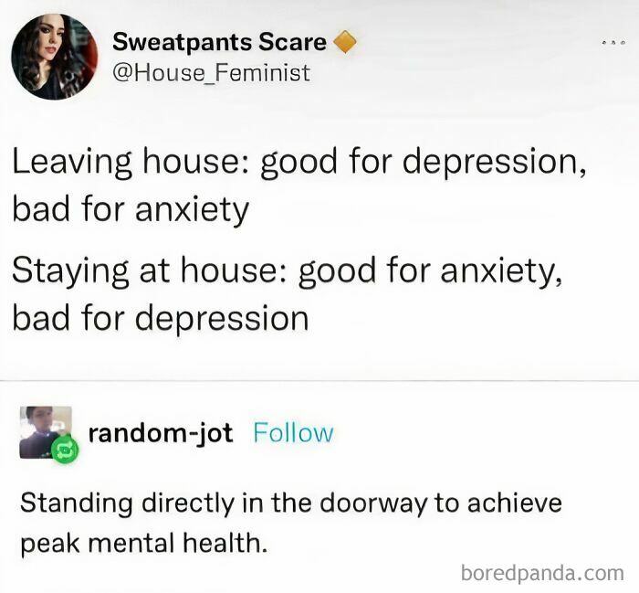 Anti-social memes highlighting the irony of balancing anxiety and depression by leaving or staying home.