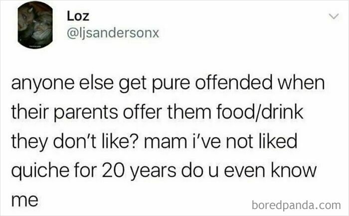 Funny meme about growing up British, showing relatable humor about parents offering unwanted food like quiche.