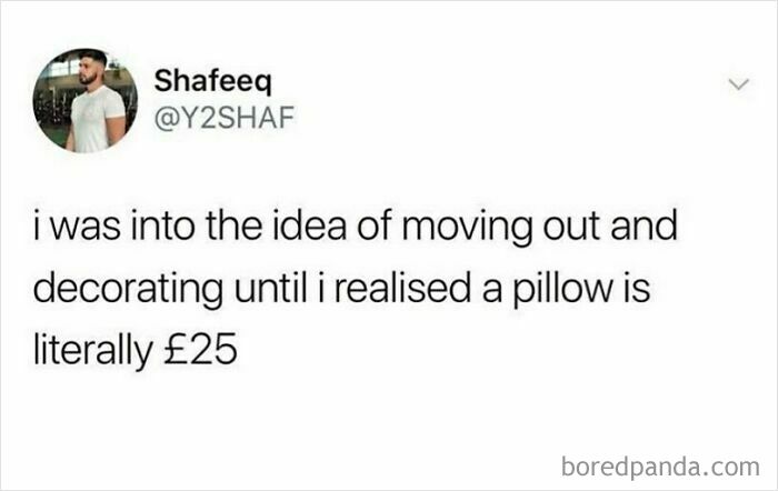 Funny meme about growing up British, featuring a tweet on the costs of moving out and pillow prices.