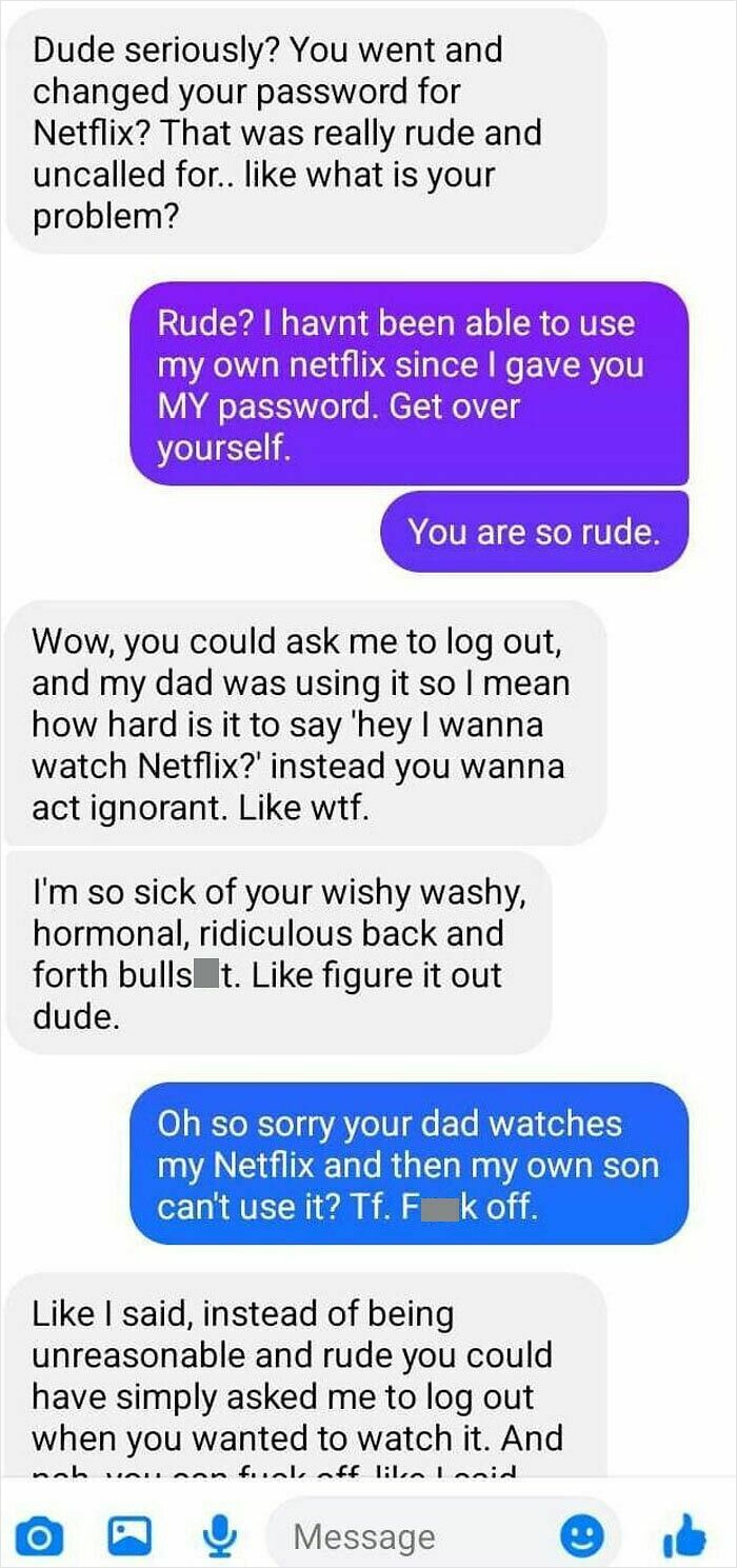 Text message argument about Netflix password between exes.