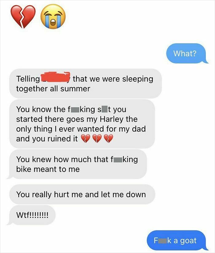 Text exchange showing a heated argument between exes, using emojis and strong language.