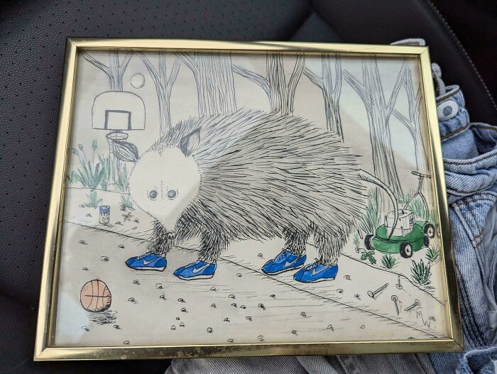 Framed drawing of a possum wearing blue shoes on a basketball court, illustrating a hidden gem from Goodwill.