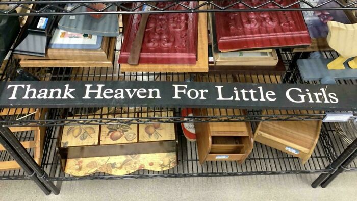 Goodwill hidden gem: a black sign with white text "Thank Heaven For Little Girls" displayed on a shelf with various items.