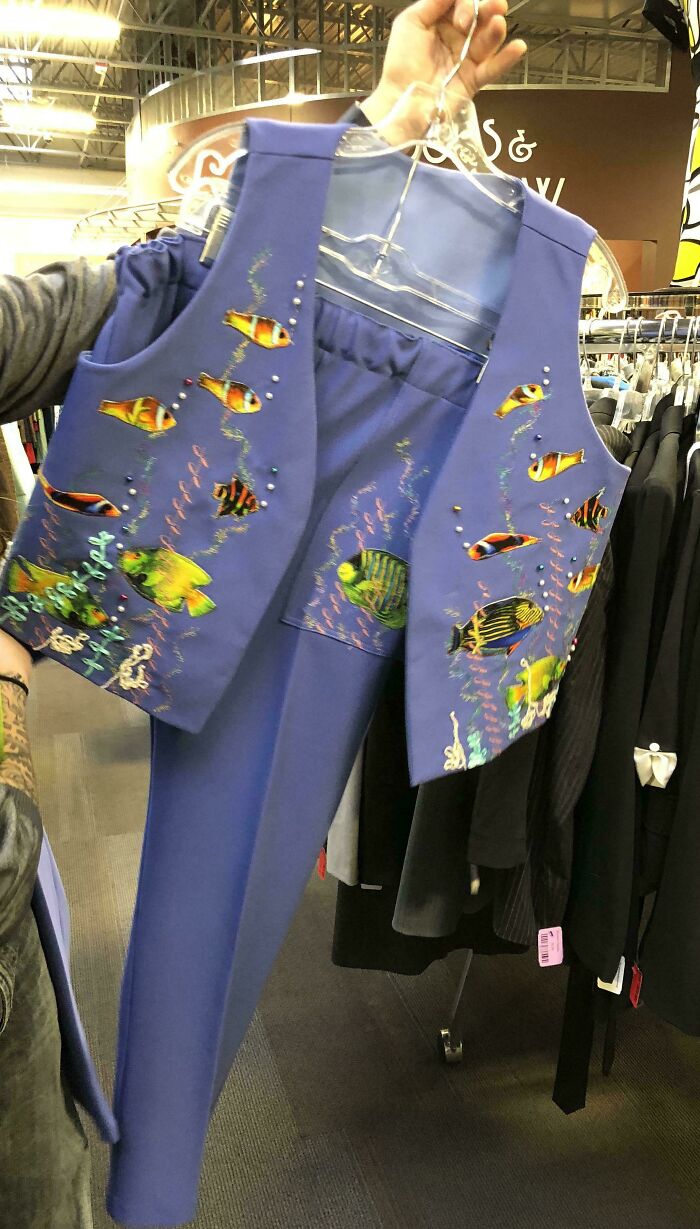 Blue vest and pants with colorful fish embroidery, found as a hidden gem at Goodwill.