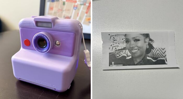 Purple mini camera next to a black-and-white photo print; trendsetting treasures.