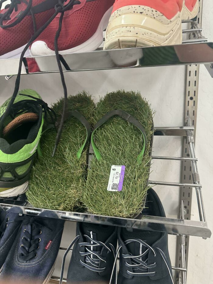 Grass flip-flops among shoes on a Goodwill shelf, showcasing a bizarre hidden gem find.