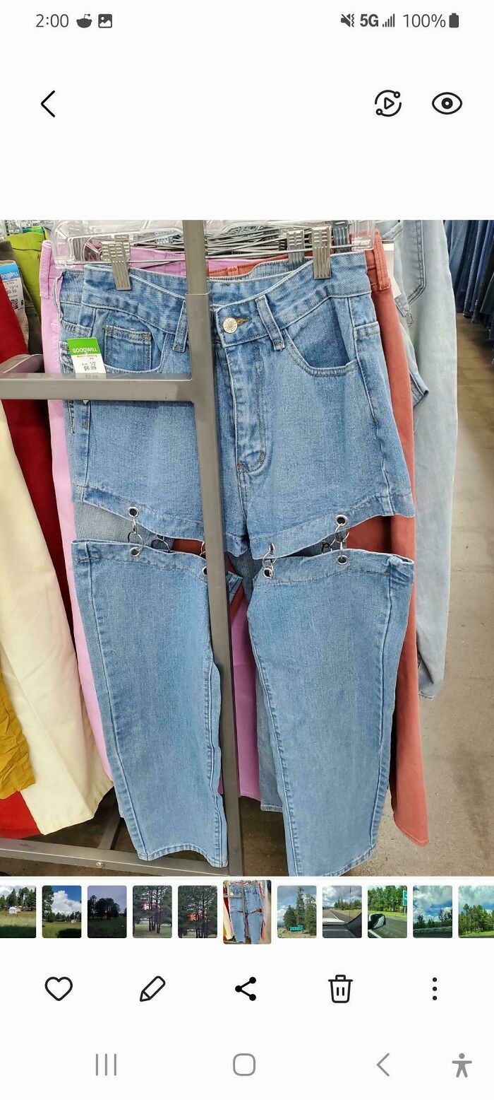 Unique denim jeans with detachable leg sections found at Goodwill.