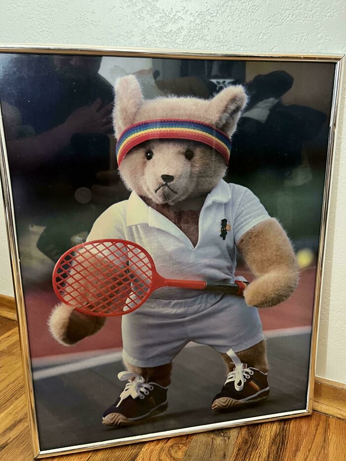 Tennis-themed teddy bear framed picture with a rainbow headband, found as a hidden gem at Goodwill.