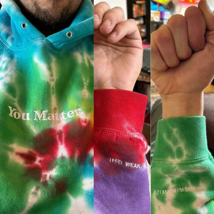 Tie-dye hoodie with motivational phrases, a hidden gem from Goodwill.