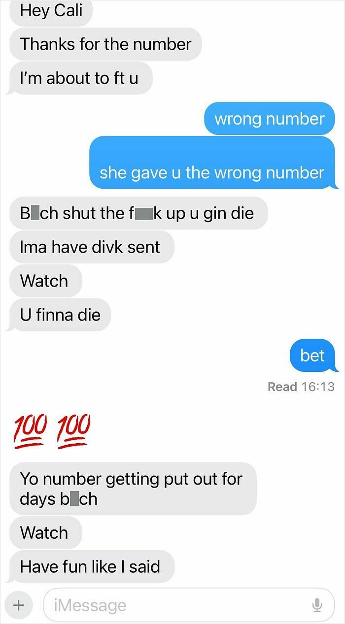 Text conversation showing a hostile exchange involving exes, with threats and defensive replies.