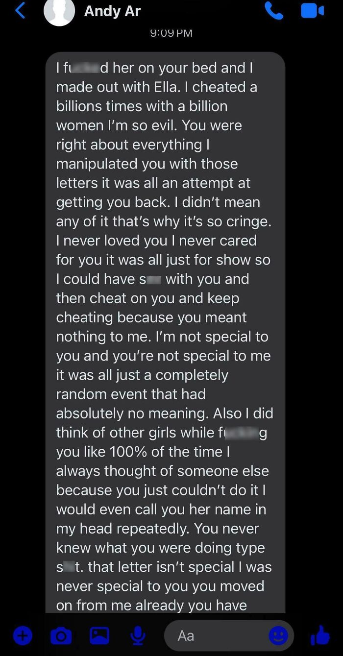 Text message from an ex revealing infidelity and manipulation, highlighting reasons to avoid communicating with exes.