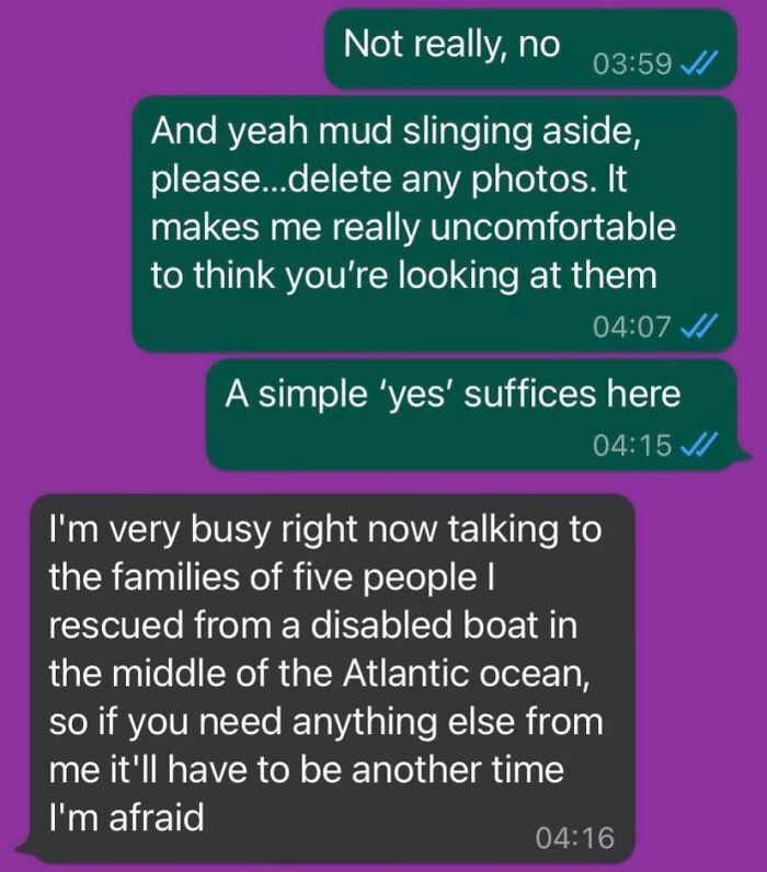 Text exchange highlighting a challenging interaction with an ex, involving photo deletion request and dramatic response.
