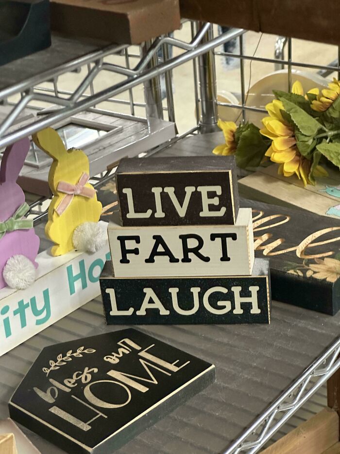 Humorous "Live Fart Laugh" sign found at Goodwill, surrounded by decorative items on a metal shelf.