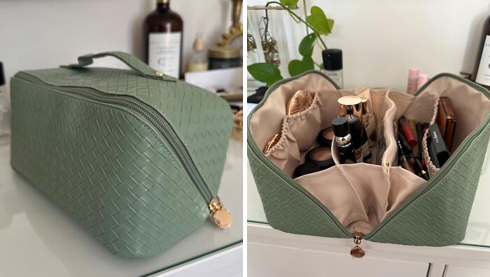 Green travel bag with makeup items, showcasing a budget-friendly and useful travel pick for organizing cosmetics.