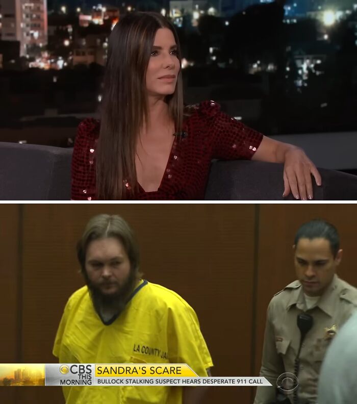 Sandra Bullock discussing celebrity homes broken into and a stalking suspect in a courtroom setting during a news segment.