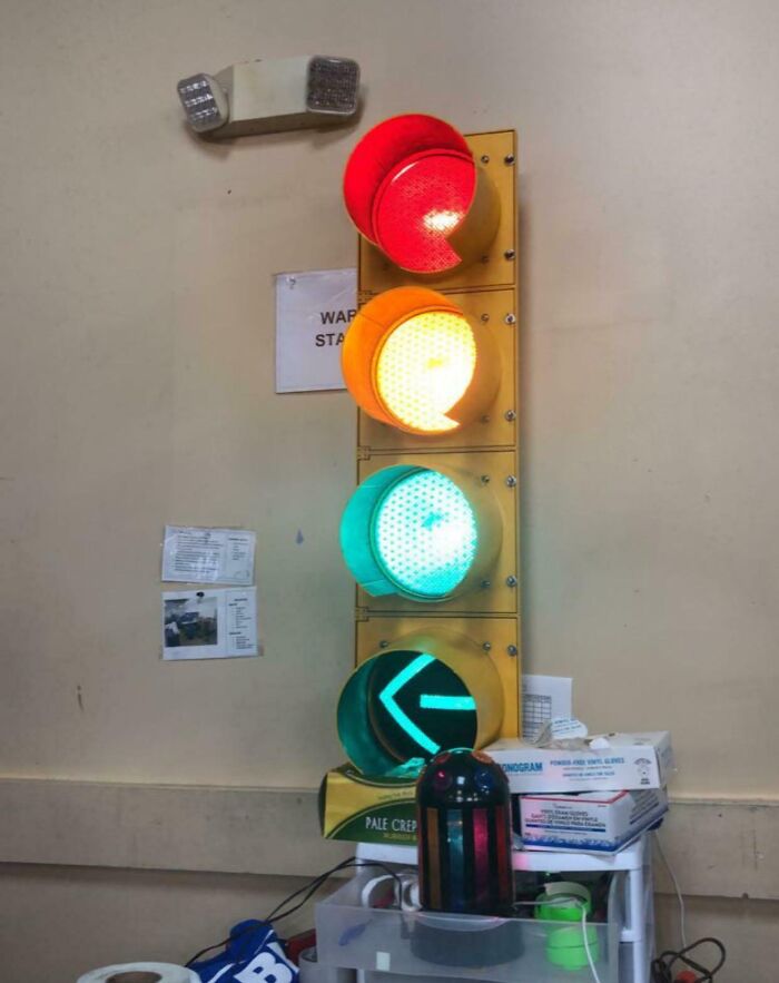 Traffic light display at Goodwill featuring colorful lights in an unexpected setting, showcasing a unique hidden gem.
