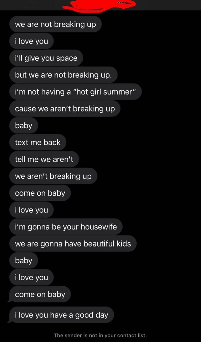 Text message conversation showing persistent messages from an ex.