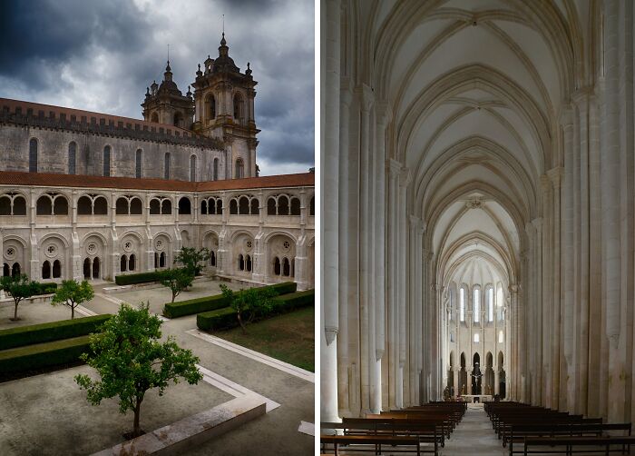 Exterior courtyard and interior arches of a lesser-known architectural wonder, featuring a dramatic sky and tranquil setting.